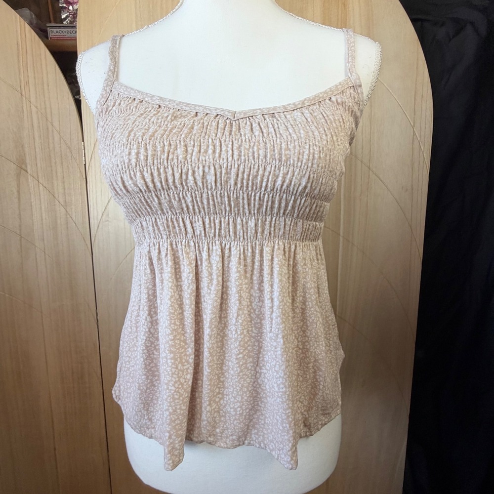 Urban Romantics Smocked Babydoll Top Small Tan Floral Sleeveless Cami Boho